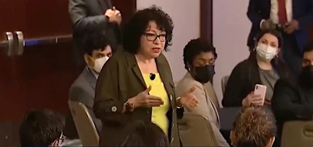 Supreme Court Justice Sonia Sotomayor speaks movingly about Justice Clarence Thomas as the annual convention of the American Constitution Society on June 16, 2022. (Video screenshot)